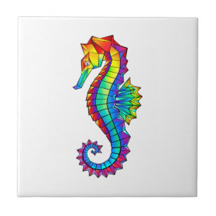 Rainbow Polygonal Seahorse Ceramic Tile