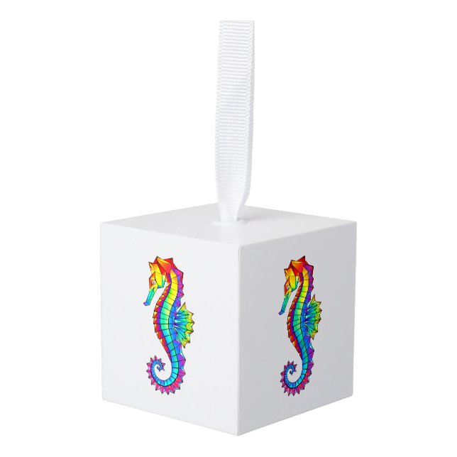 Rainbow Polygonal Seahorse Cube Ornament (Front Angled)
