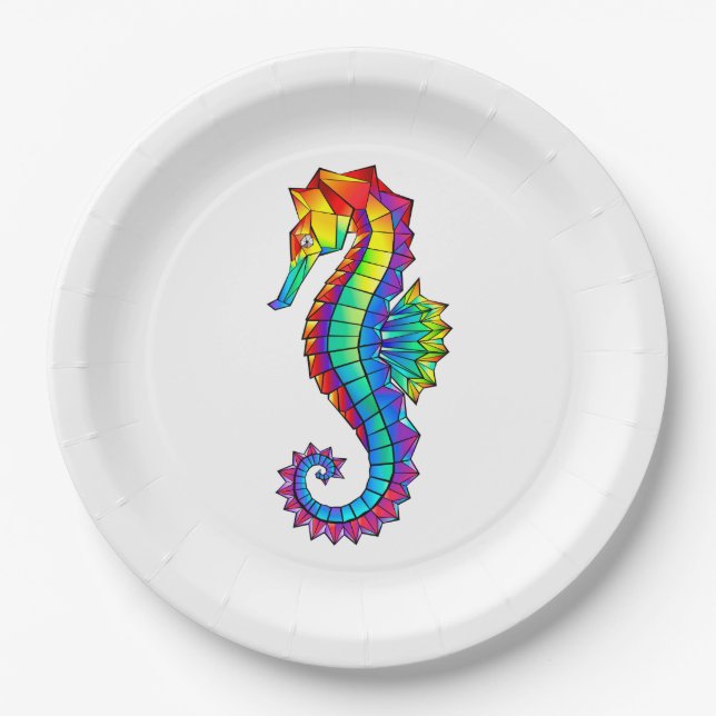 Rainbow Polygonal Seahorse Paper Plates (Front)