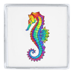 Rainbow Polygonal Seahorse Silver Finish Lapel Pin