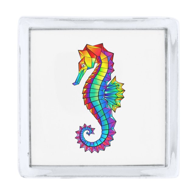 Rainbow Polygonal Seahorse Silver Finish Lapel Pin (Front)