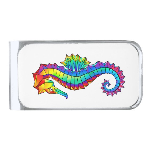 Rainbow Polygonal Seahorse Silver Finish Money Clip (Front)