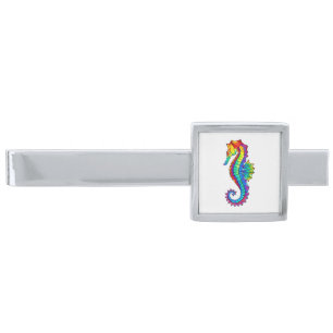 Rainbow Polygonal Seahorse Silver Finish Tie Bar