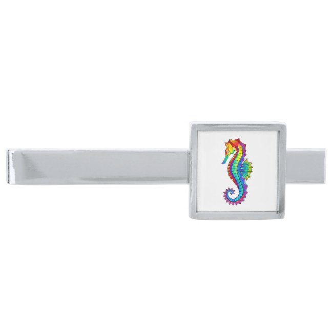 Rainbow Polygonal Seahorse Silver Finish Tie Bar (Front)