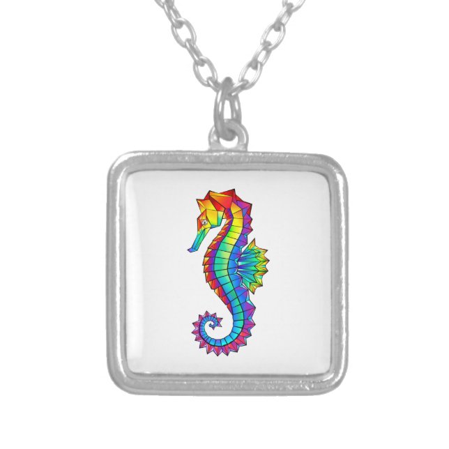 Rainbow Polygonal Seahorse Silver Plated Necklace (Front)