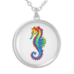 Rainbow Polygonal Seahorse Silver Plated Necklace
