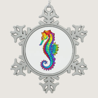 Rainbow Polygonal Seahorse Snowflake Pewter Christmas Ornament