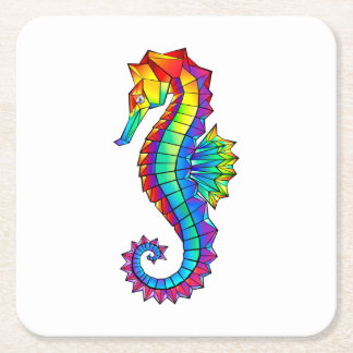 Rainbow Polygonal Seahorse Square Paper Coaster