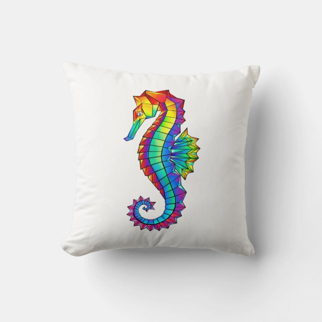 Rainbow Polygonal Seahorse Throw Pillow (Front)