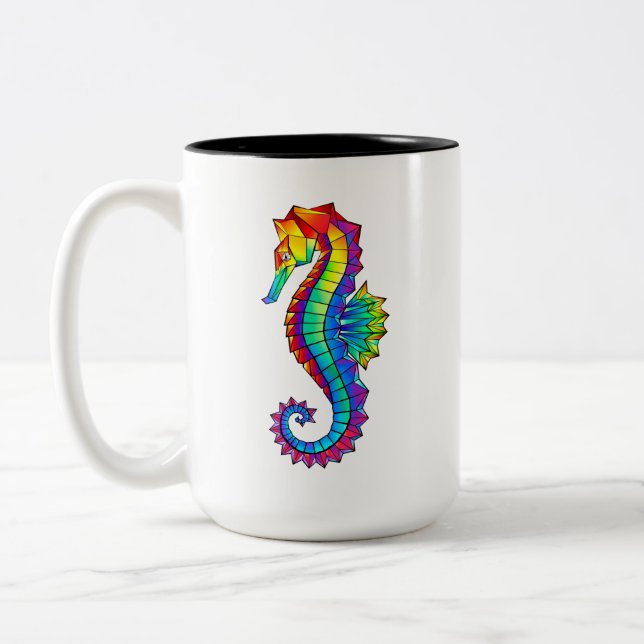 Rainbow Polygonal Seahorse Two-Tone Coffee Mug (Left)
