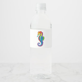 Rainbow Polygonal Seahorse Water Bottle Label