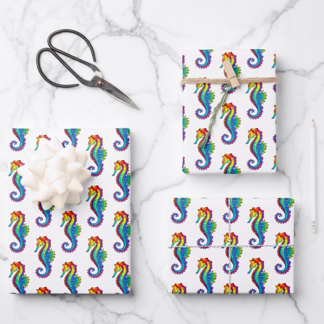 Rainbow Polygonal Seahorse Wrapping Paper Sheets (Front)