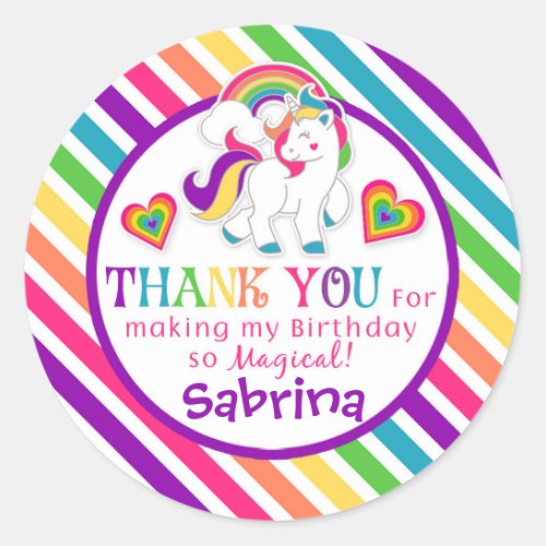 Rainbow Pony Unicorn Birthday Thank You Stickers