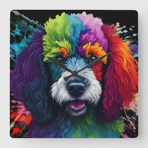 Rainbow Poodle Watercolor Square Wall Clock