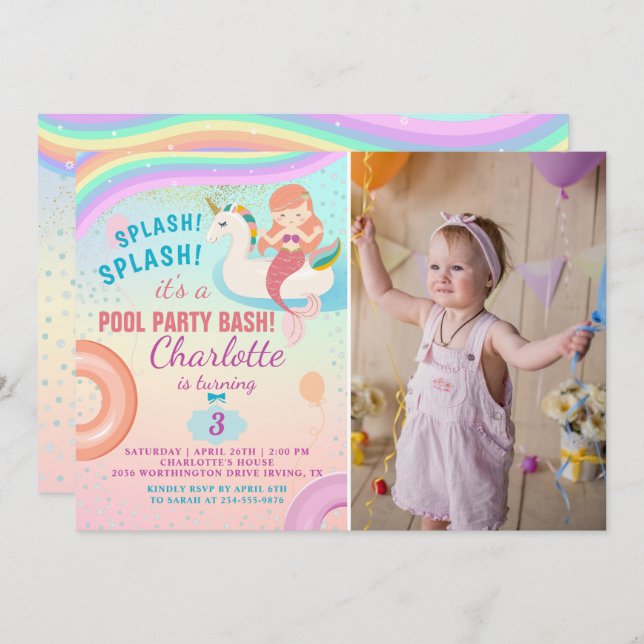 Rainbow Pool Party Unicorn Mermaid Birthday Photo Invitation (Front/Back)