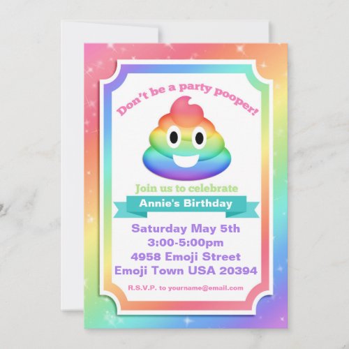 Rainbow Poop Emoji Birthday Invitation