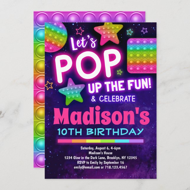 Rainbow Pop Fidget Birthday Invitation for Girls (Front/Back)