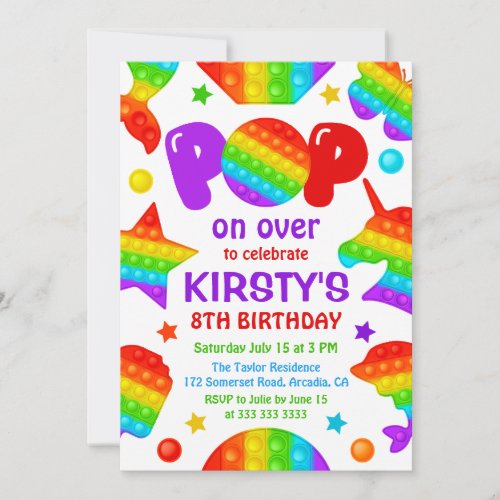 Rainbow Pop It Fidget Toy Birthday Party Girls Invitation