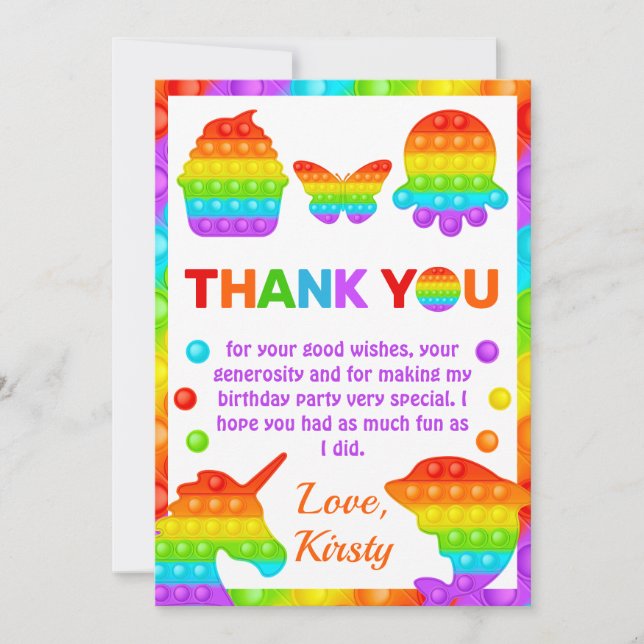 Rainbow Pop It Fidget Toy Birthday Party Thank You Card (Front)