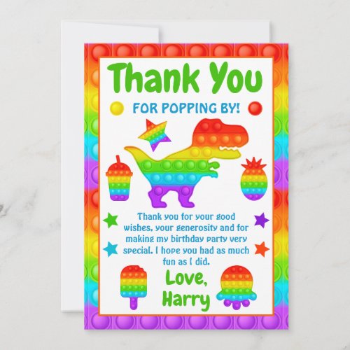 Rainbow Pop It Fidget Toy Birthday Party  Thank You Card