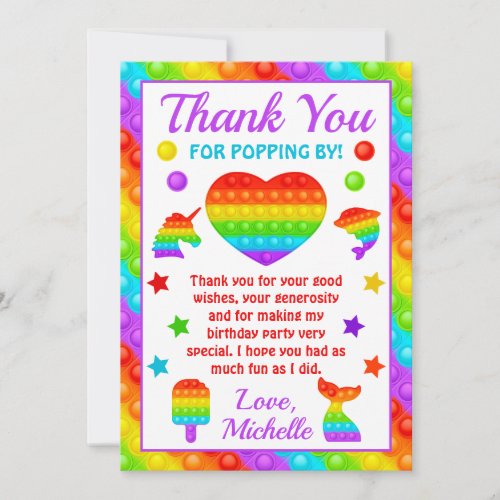 Rainbow Pop It Fidget Toy Birthday Party Thank You Card