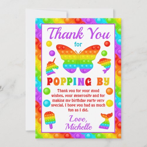 Rainbow Pop It Fidget Toy Birthday Party Thank You Card