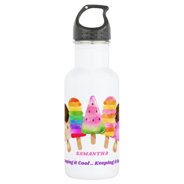 Rainbow Popsicle Colorful Kids Personalized Stainless Steel Water Bottle (Front)