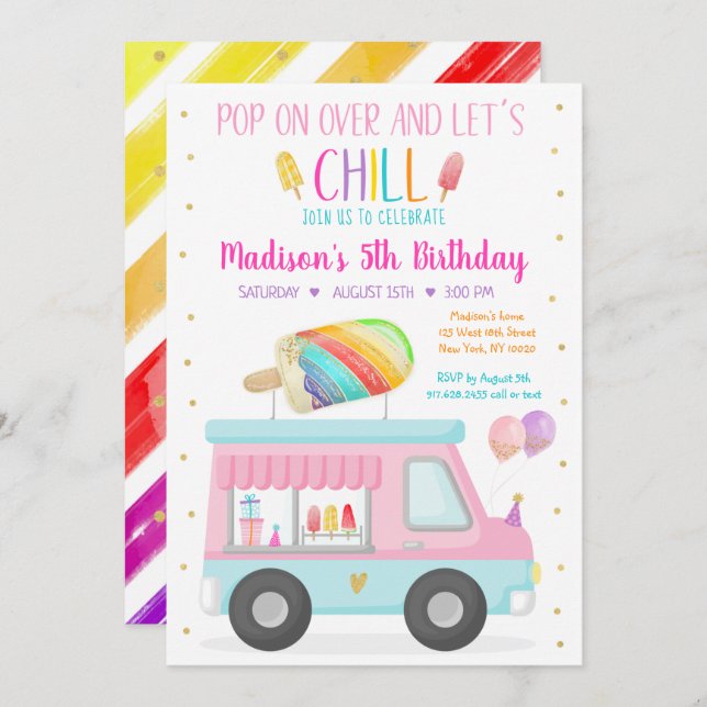 Rainbow Popsicle Ice Cream Truck Birthday Invitation (Front/Back)