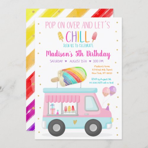Rainbow Popsicle Ice Cream Truck Birthday Invitation