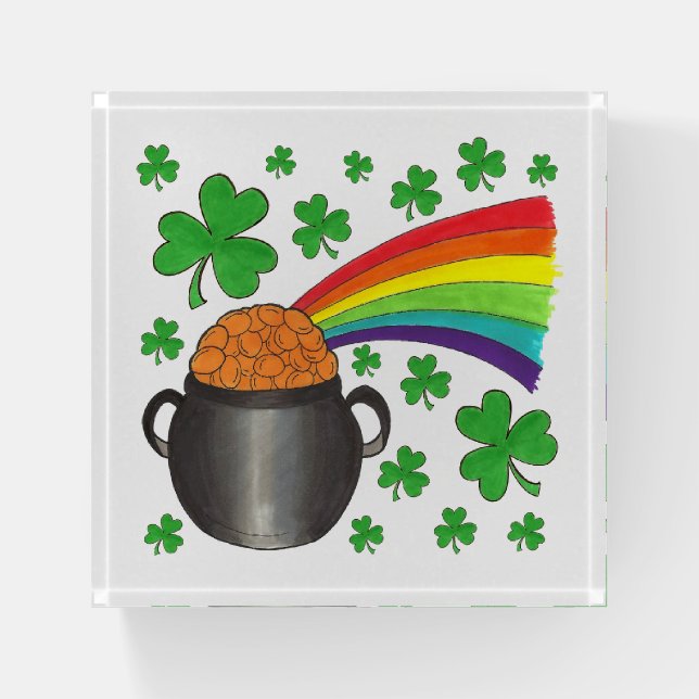 Rainbow Pot o' Gold Shamrock St. Patrick's Day Paperweight (Front)