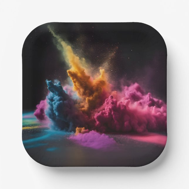 Rainbow Powder Blast On Black Paper Plates (Front)