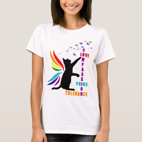 Rainbow Pride Cat and Butterfly Design T_Shirt