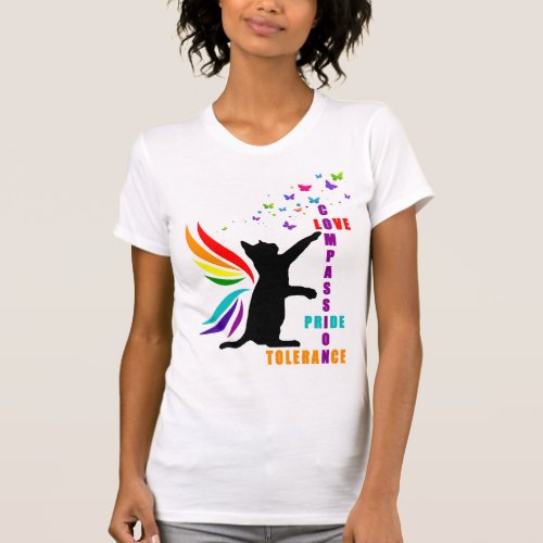 Rainbow Pride Cat and Butterfly Design T_Shirt 