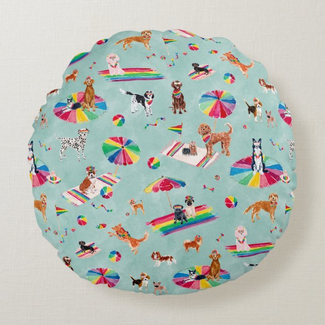 RAINBOW PRIDE DOG BEACH ROUND PILLOW (Front)