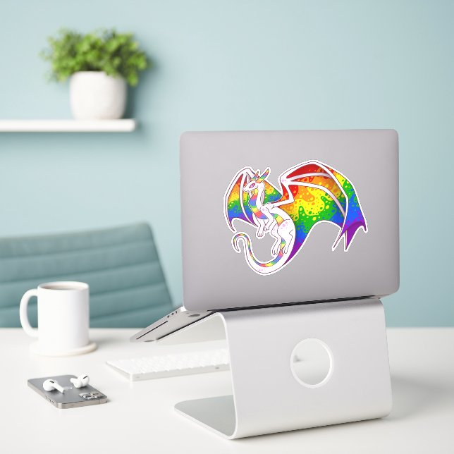 Rainbow Pride Dragon Sticker (Laptop On Desk)