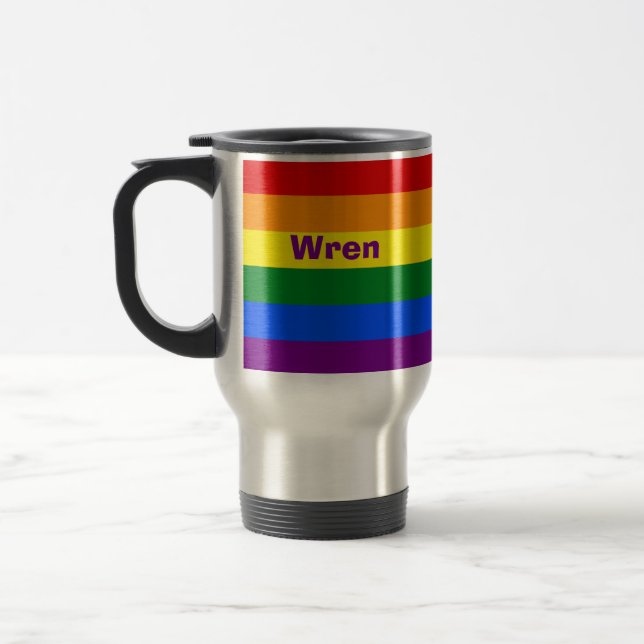 Rainbow Pride Flag Name or Monogram Travel Mug (Left)