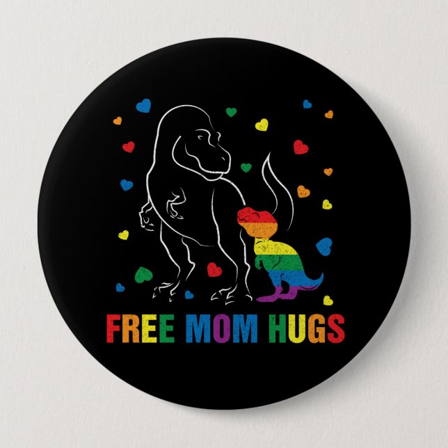 Rainbow Pride Free Mom Hugs Dinosaur Cute Button (Front)