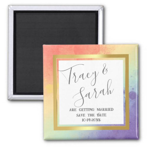 Rainbow Pride Gold Frame Wedding Save the Date  Magnet