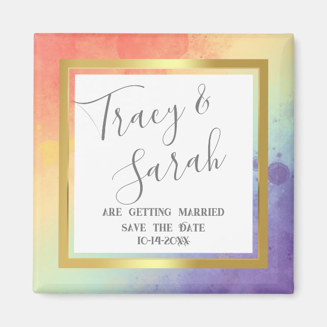 Rainbow Pride Gold Frame Wedding Save the Date  Magnet (Front)