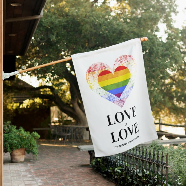 Rainbow Pride Heart Love is Love Family Quote House Flag (In SItu)