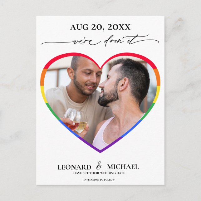 Rainbow Pride Heart Photo Frame Save the Date Postcard (Front)