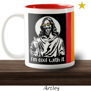 Rainbow Pride Jesus thumbs up I'm cool with it Two-Tone Coffee Mug
