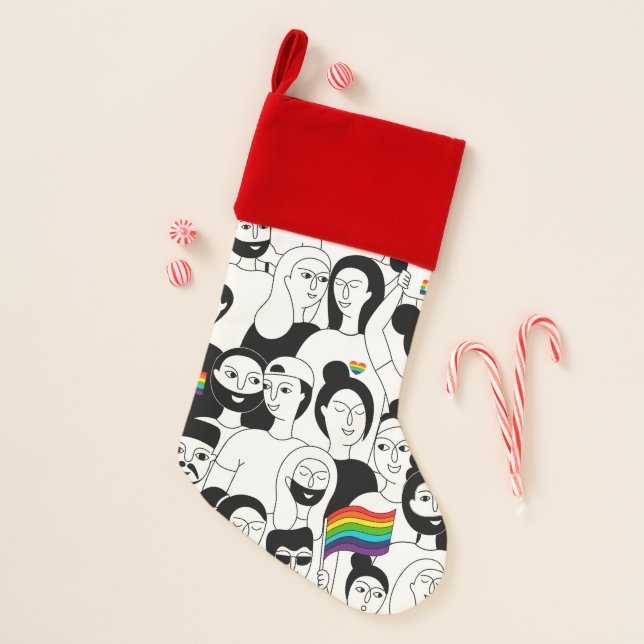 Rainbow Pride LGBTQIA+ Black and White People Christmas Stocking (Front)