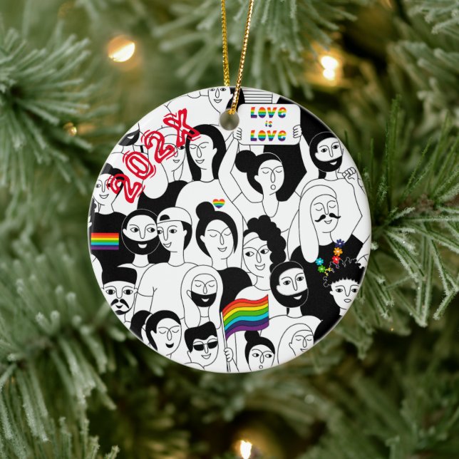 Rainbow Pride LGBTQIA+ Custom Name- Year Ceramic Ornament (Tree)