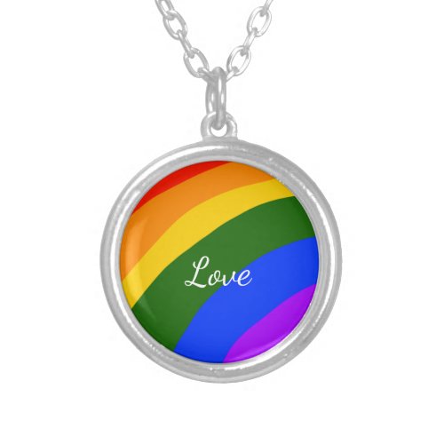 Rainbow pride month love add name text art silver plated necklace