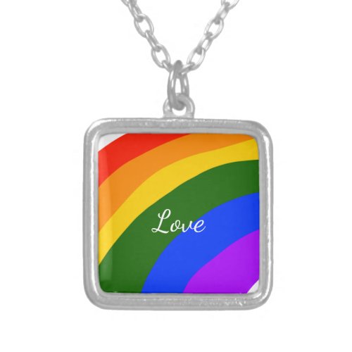 Rainbow pride month love add name text art silver plated necklace