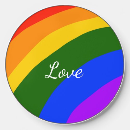 Rainbow pride month love add name text art wireless charger 