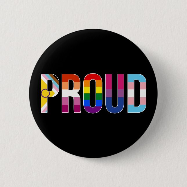 Rainbow Pride 'Proud': LGBTQ Flag Colors Lettering Button (Front)