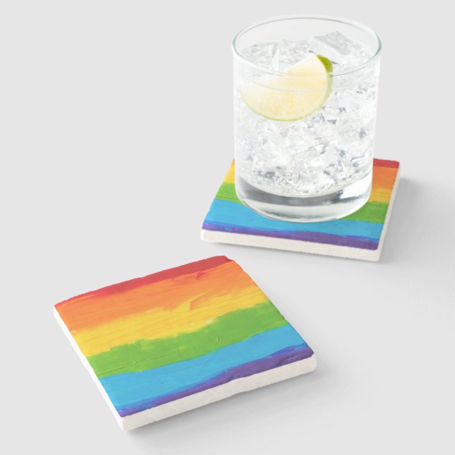 Rainbow Pride Stone Coaster – Oil Paint LGBT Gay  (Side)