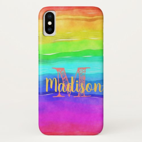 Rainbow Pride Stripes Watercolor Fun Initial Name iPhone X Case